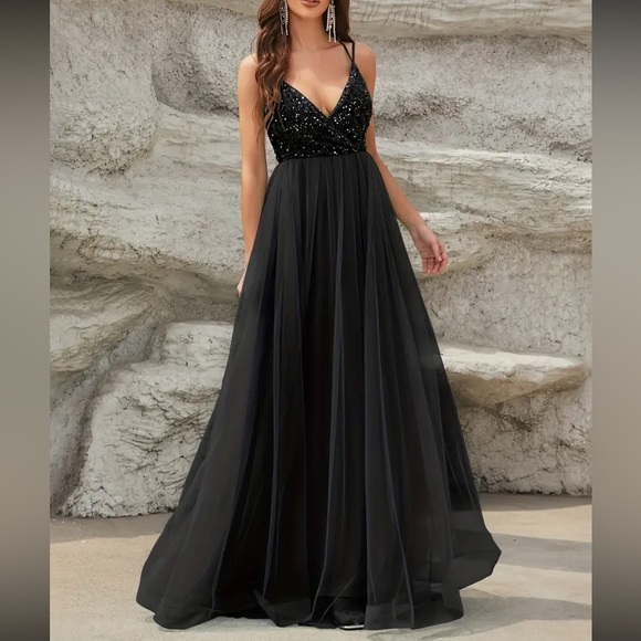 Luxe lace up back mesh sequins bodice party formal prom wedding gown dress - Picture 10 of 16